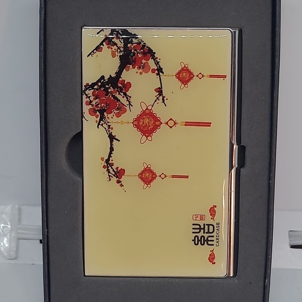 Cardcase Business Card Holder Men Woman Silver Cream Cherry Blossom Asian Design
